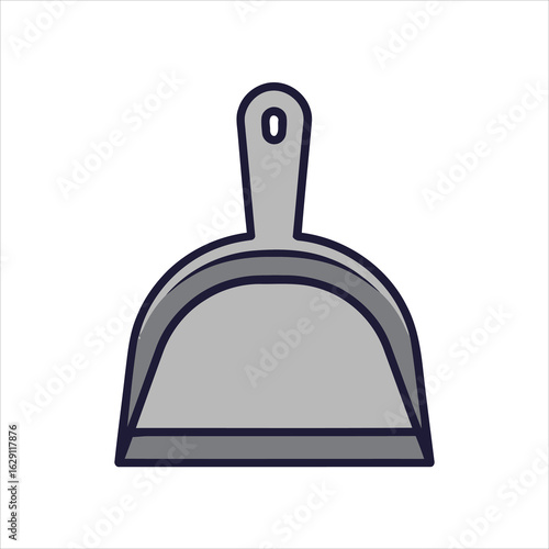 A flat design icon of a gray dustpan for cleaning. A graphic symbol representing household chores, tidiness, and domestic work.