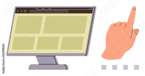 Computer screen displaying grid layout with interactive website pages, hand pointing at option. Ideal for navigation, UIUX design, online shopping, browsing, interactivity, usability, multimedia
