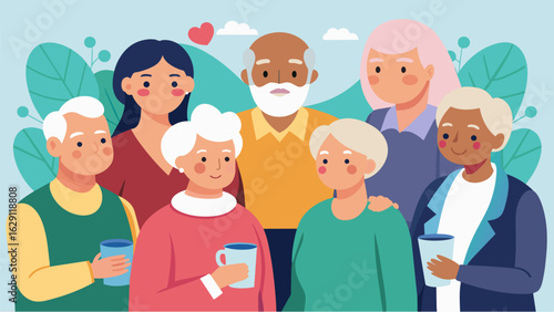 A group of seniors gather at a retirement home sharing their life experiences and offering support and guidance to one another..
