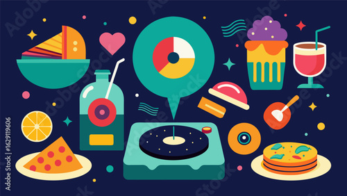 A feast for the senses awaits at our sensory music night where guests can indulge in delicious flavors and groove to the rhythms of classic vinyl Vector illustration