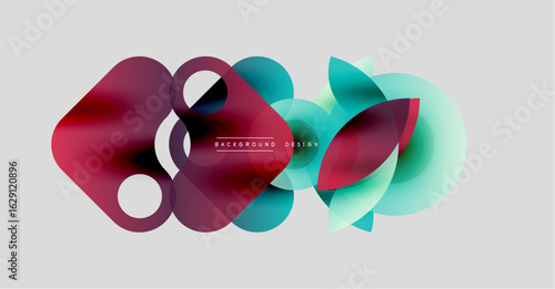 Abstract shapes overlap, creating vibrant color blends. Modern design elements suggest fluidity, motion, innovation. Minimalist background enhances visual impact.