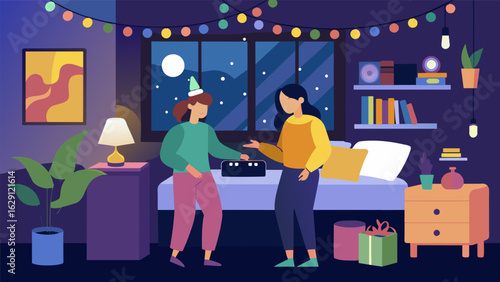 A college dorm room decorated with le lights with roommates exchanging vinyl records as part of their dorms holiday celebrations. Vector illustration