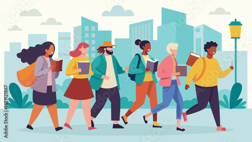 A group of book club members discussing their latest read as they walk through the city combining their love for literature and staying active.. Vector illustration