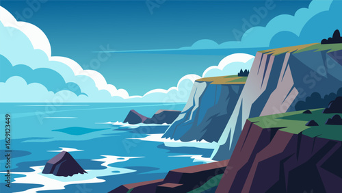 A breathtaking view of the ocean from a rocky cliff the sound of crashing waves and salty ocean air cleansing the mind and body..