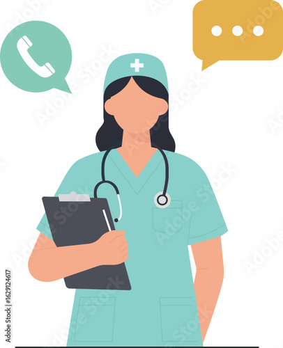 A female nurse offers telehealth services and online medical consultation, shown with phone and chat icons. A flat vector for modern healthcare concepts