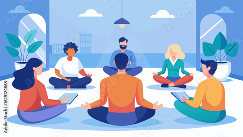 A corporate wellness event featuring a guided meditation session in a designated quiet room for employees to pause and recharge.. Vector illustration