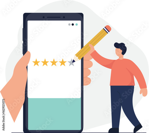 A man gives a five-star rating on a smartphone, symbolizing customer feedback, online reviews, user experience, and satisfaction