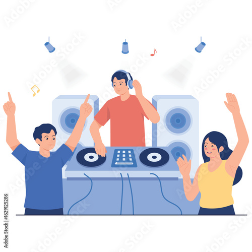 Music Festival Illustration. Vector illustration of A DJ performing on stage with energetic people dancing and enjoying the music under the spotlight at a music party. Isolated on background