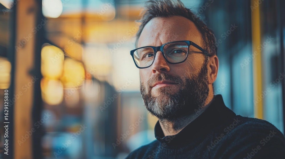 Fototapeta premium A man with a beard and glasses, wearing a black sweater, standing in a dimly lit room with a glass door and a window in the background.