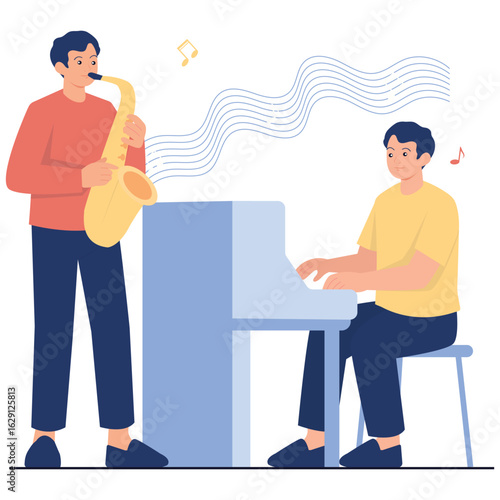 Music Festival Illustration. Vector illustration of Two male musicians perform a duet with a piano and saxophone, creating a smooth and lively music atmosphere. Isolated on background