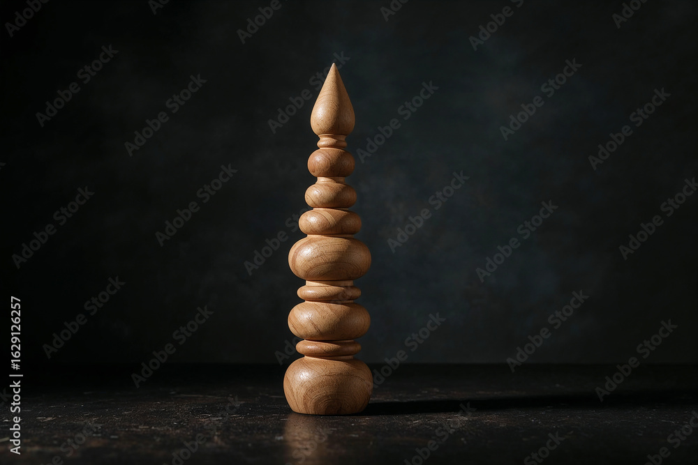 Obraz premium Stacked Wooden Finial with Spherical and Conical Elements on Dark Textured Surface