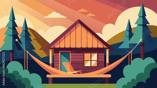A cozy cabin getaway with a hammock hanging on the porch inviting someone to escape the stresses of daily life and fully relax in the peacefulness of.