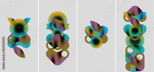 Abstract colorful shapes overlap, creating dynamic compositions. Four panels display variations, gradients shift smoothly. Modern design.