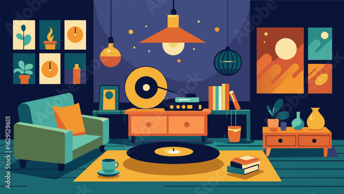 A cozy living room filled with warm lights and a record player the perfect setting for friends to gather and share their favorite vinyl playlists. Vector illustration