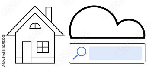House outline, cloud icon, and search bar with magnifying glass symbolize smart home, cloud computing. Ideal for real estate, digital services, innovation, technology, home automation secure