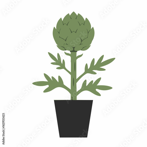 Stylized Artichoke Plant in Black Pot, Green Foliage