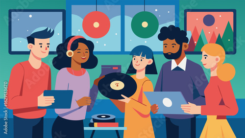 A group of colleagues exchanging vinyl records as part of their office holiday party discussing their favorite artists and albums. Vector illustration