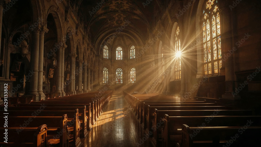 Obraz premium Sunbeams Streaming Through Stained Glass Windows in an Old Church interior cathedral