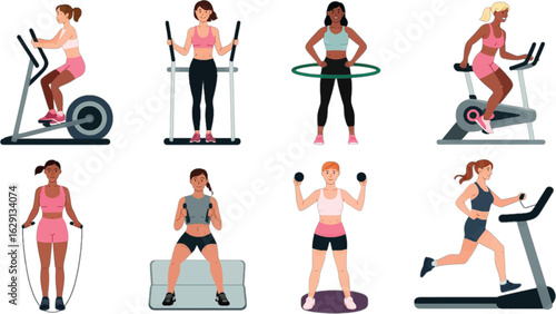 Women Exercising with Various Fitness Equipment