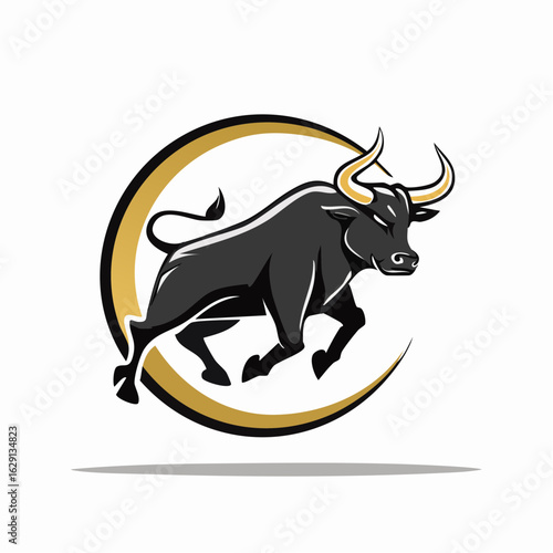 Modern Minimalist Bull Mascot for Financial Growth & Power - Black and Gold Charging Forward