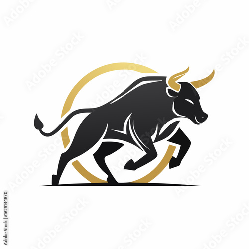Modern Minimalist Bull Mascot for Financial Growth & Power - Black and Gold Charging Forward