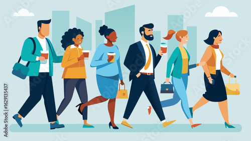 A group of city employees walking together during their lunch break using their common workplace as a way to bond and prioritize their health.. Vector illustration