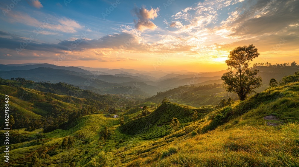 Fototapeta premium Rolling hills stretch across the landscape as the sun sets behind distant mountains. Verdant fields glisten in the fading light, creating a serene and picturesque atmosphere.