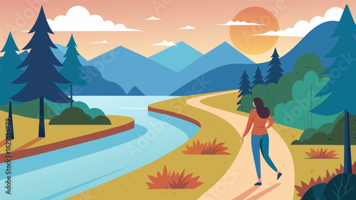 A calming morning walk along a scenic river trail incorporating intermittent stretches for a lowimpact cardio and muscle workout..