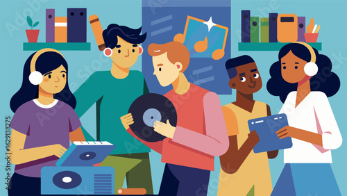 A group of teenagers in a juvenile detention center participate in music therapy using vinyl records. As they explore different genres and styles of Vector illustration