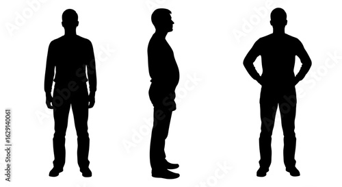 Silhouette of a Man in Three Poses: Front Side and Hands on Hips.