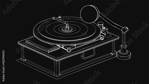 A monochromatic drawing of a record player patent from the 1890s highlighting the precision and detail in its construction. Vector illustration