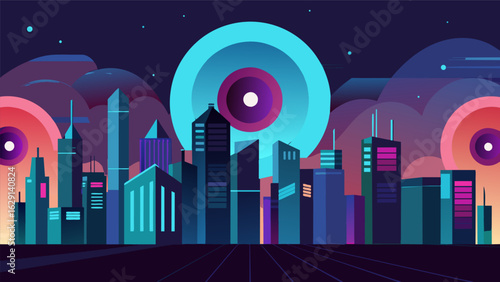 A futuristic cityscape where holographic vinyl record projections serve as the buildings each one pulsing with its own unique rhythm. Vector illustration