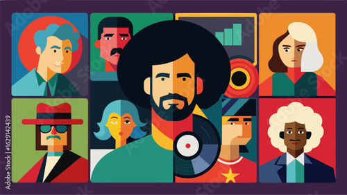 A compilation album of various record covers featuring a mix of wellknown and lesserknown artists highlighting the wide range of styles and genres Vector illustration