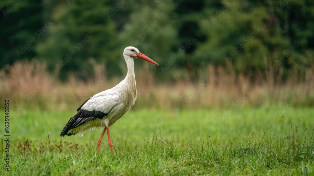 Obraz premium A stork with contrasting white feathers and a striking red beak is walking gracefully across a lush green field surrounded by tall grass and trees under clear skies.
