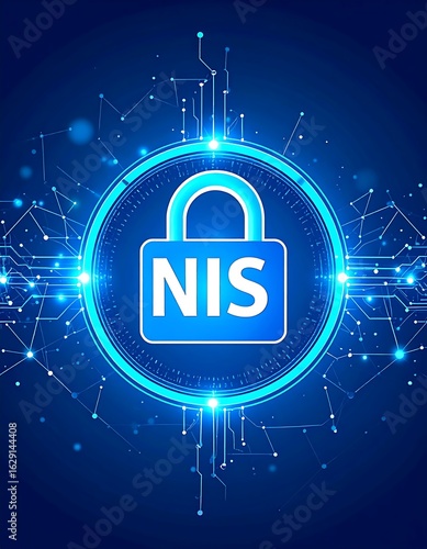 Abstract digital security graphic featuring a padlock with initials inside a glowing circular frame
