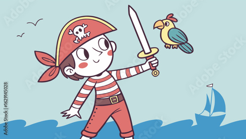 Illustration of a young pirate holding a sword with a parrot and a sailboat on the ocean waves