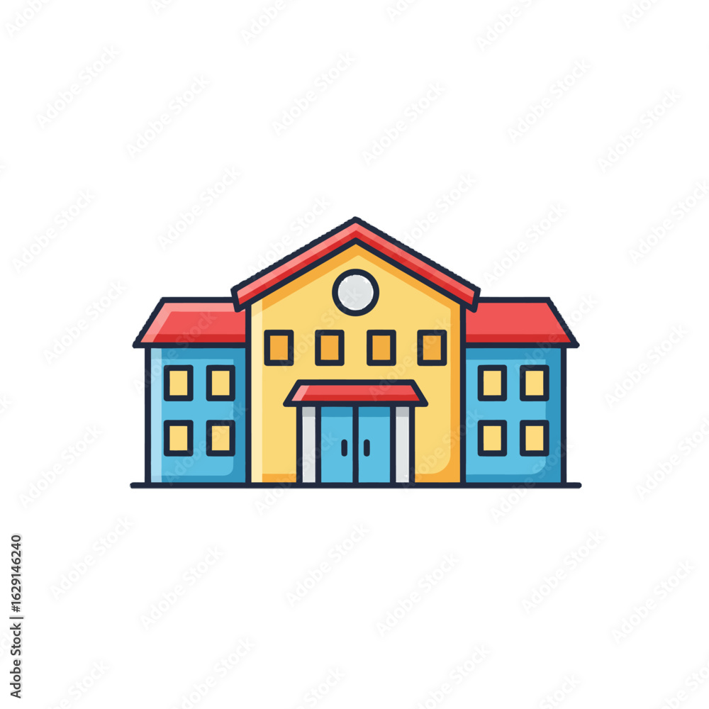 Fototapeta premium A colorful cartoon illustration of a school building facade with a red roof, yellow walls, and blue wings.