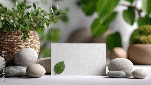 Blank business card surrounded by plants and stones
