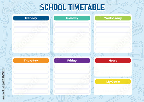 School Timetable poster template with sticker notes for subjects. Weekly planner or daily timetable of the week. Schedule organizer with popular school stuff and symbols. Vector Illustration.