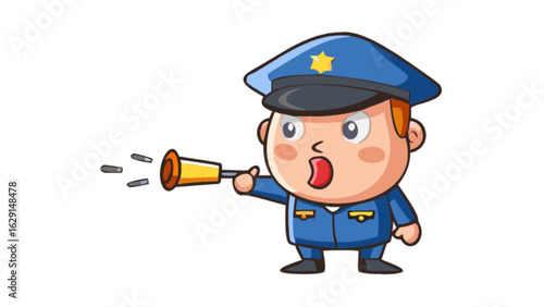 Illustration of a cartoon police officer shouting into a megaphone with an angry expression on his face