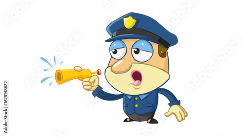 Cartoon police officer blowing a whistle with water droplets emanating from the whistle's opening