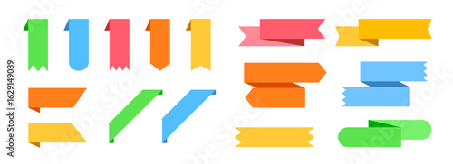 Bookmarks and ribbon banners set. Colorful note and mark elements collection. Different labels and badges pack for promotion, product decoration, price tag, discount sticker. Vector bundle