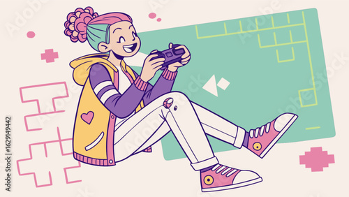 Girl with colorful hair playing video games with a controller in a casual and playful background