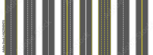 Top view road markings set. Highway lines and race tracks set. Seamless straight street road pack. Town or city pavement asphalt repeated patten. Vertical roadway drive stripes bundle. Vector