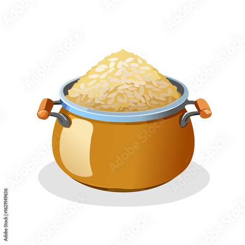 A close-up illustration of a rustic orange pot filled with a generous portion of cooked rice, showcasing its warm color and texture against a clean white background.
