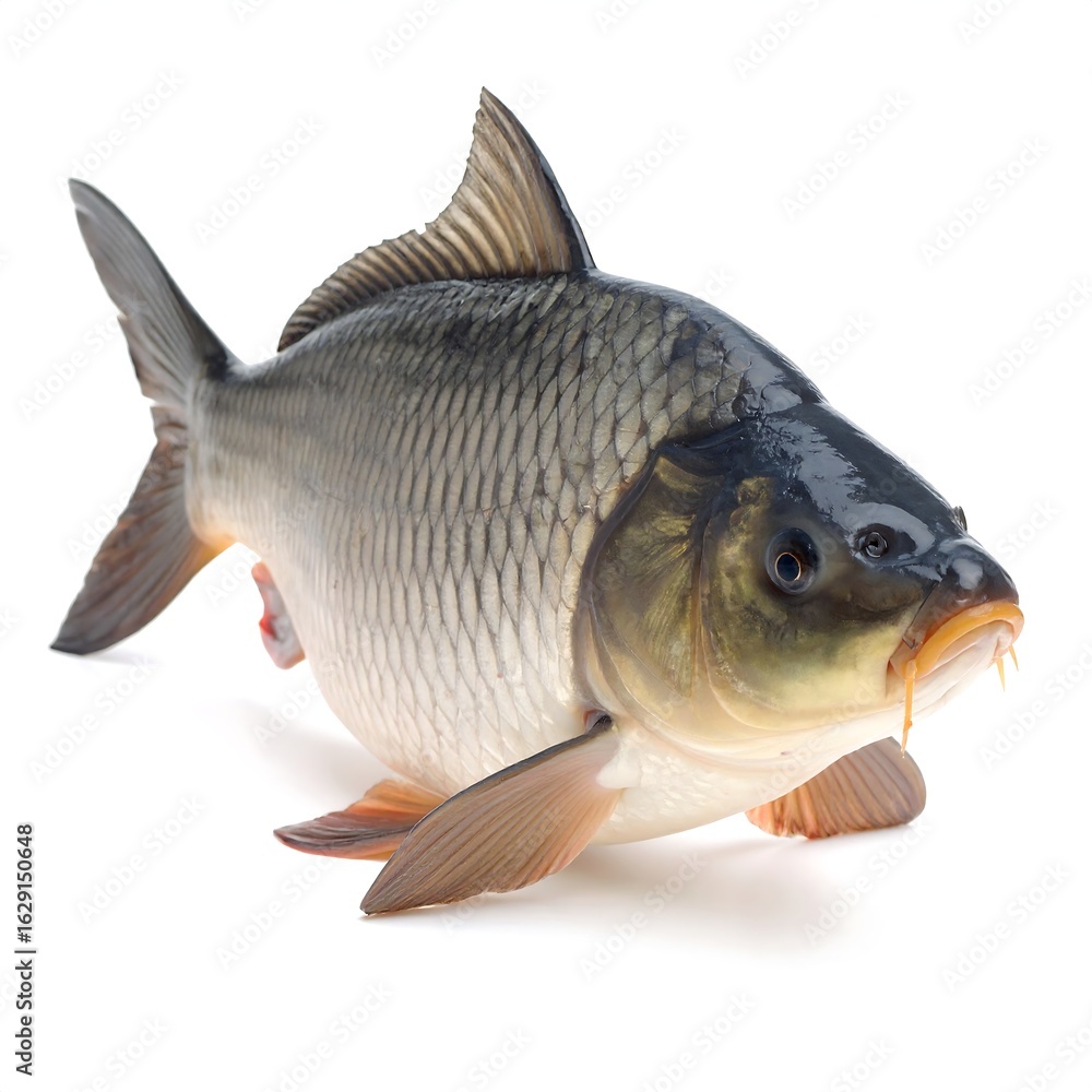 Fototapeta premium Large, grey fish with dark top, light belly, and fins splayed against white background