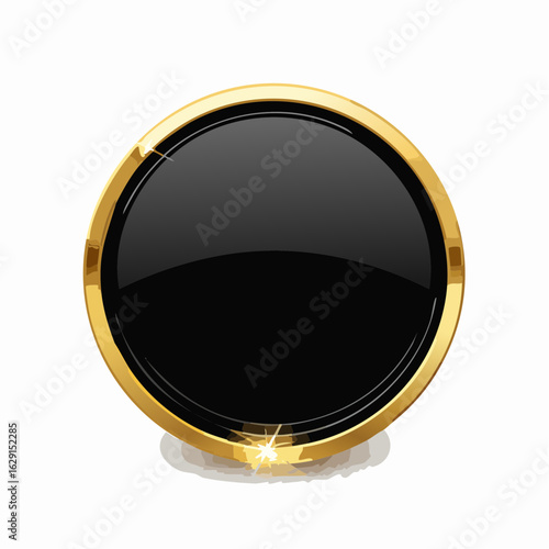 A realistic glossy black circular button with a striking metallic gold rim and subtle reflections, isolated on a white background with a soft shadow and sparkle effect.