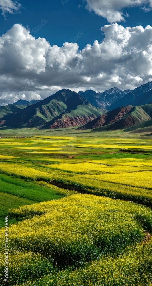 Obraz premium Mountainous landscape with vibrant fields