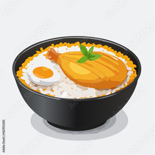 Delicious chicken biryani served in a black bowl with a boiled egg and mint leaves presented in a vibrant illustration style on a white background