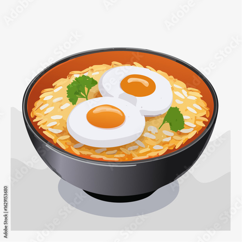 Delicious Illustration of a Bowl of Rice Topped with Two Perfectly Cooked Fried Eggs and Fresh Parsley Garnishes on a Plain Background